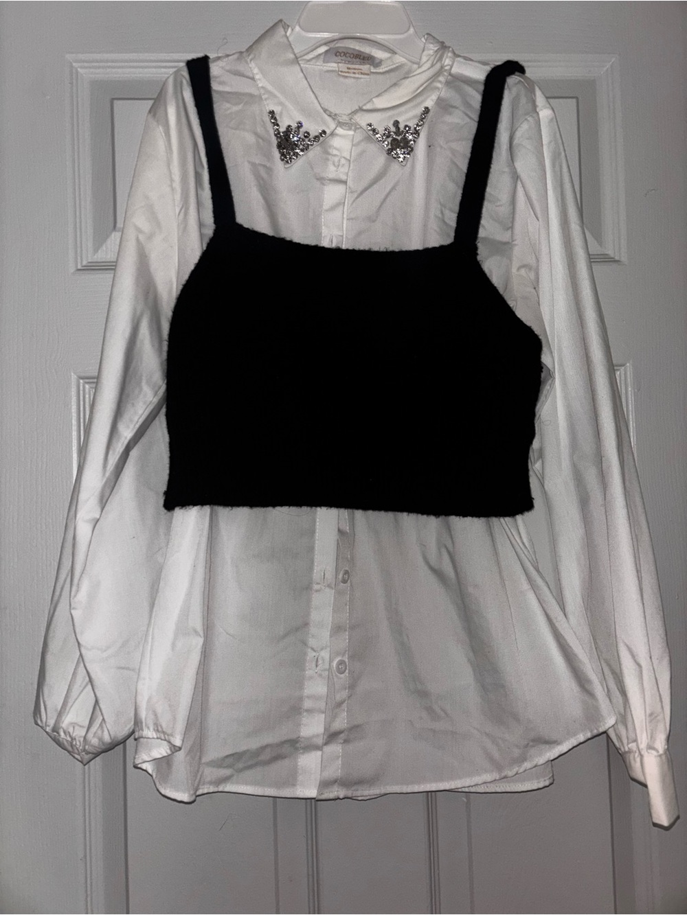 White Embellished Collar Button-Up Blouse with Black Cropped Tank